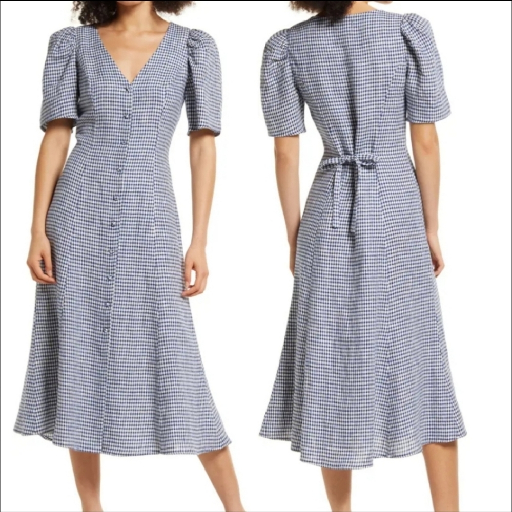 Reformation Chiliah Check Plaid Gingham Dress Midi Blue 100% Linen Size 8